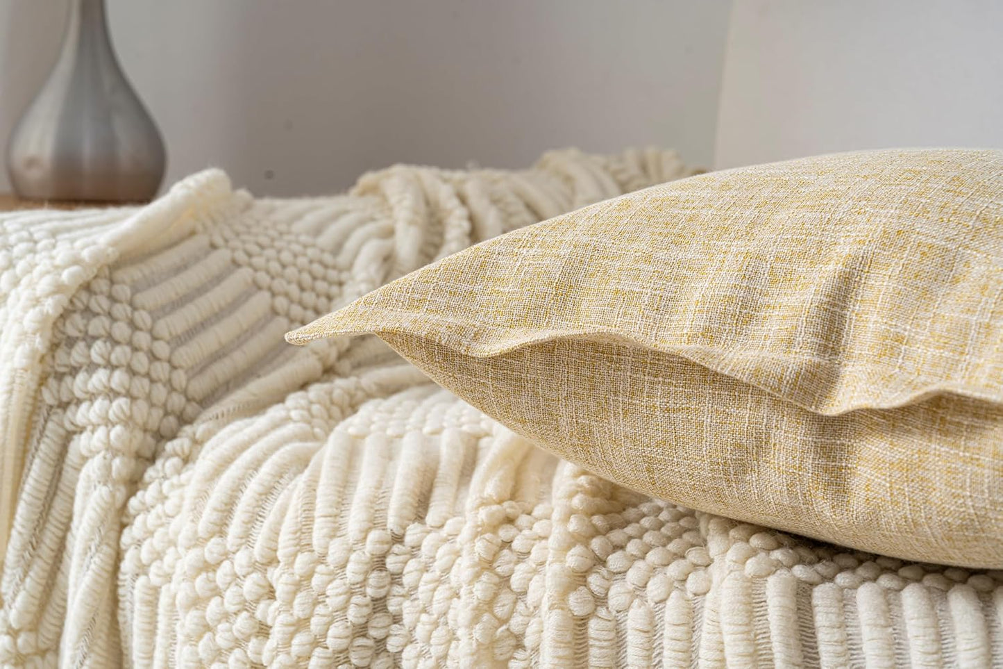 18"X18" Pack of 2, Decorative Linen Soild Throw Pillow Covers with Stylish Flange Edge Cozy Farmhouse Neutral Pillowcase for Couch Sofa Bedroom Living Room Home Décor Light Yellow