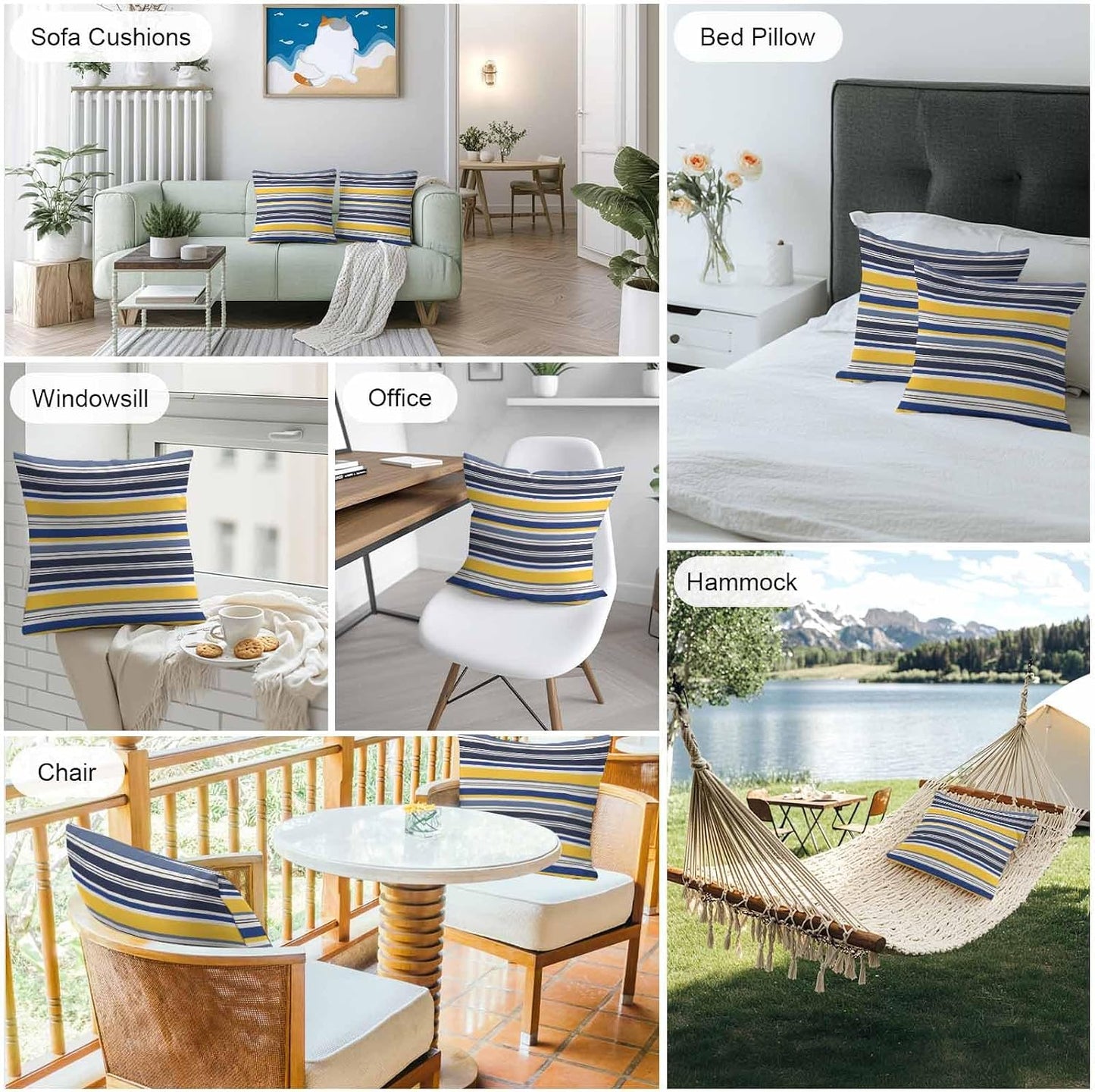 Outdoor Waterproof Throw Pillow Covers Set of 2 Yellow Stripes Lines Pillowcases 18x18 Inches Navy Blue Classic Striped Decorative Pillows Cushion Case Patio Pillows for Couch Bed Chair Garden