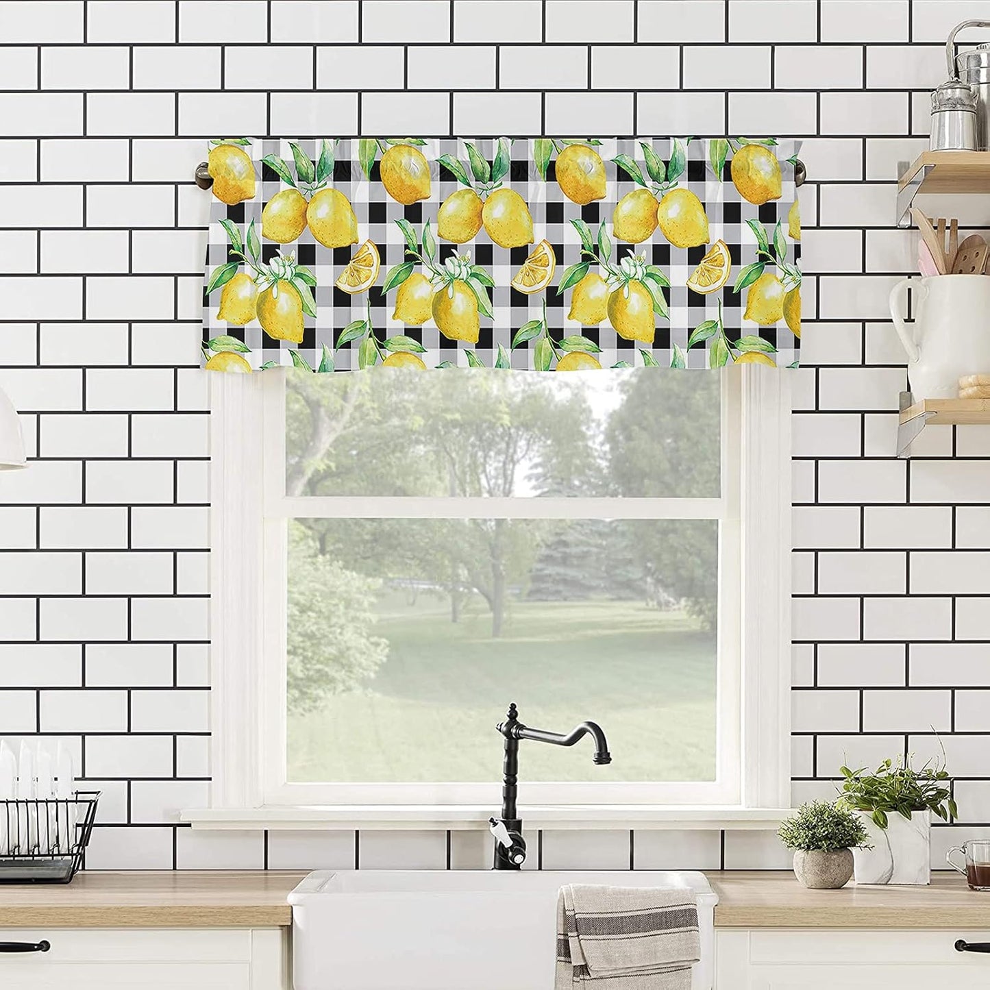 Lemon Curtains for Bedroom Living Room Watercolor Art Buffalo Plaid Roman Shades for Windows Farmhouse Curtains & Drapes Aesthetic Rod Pocket Valances for Kitchen Window Curtains Over Sink 1 Panel