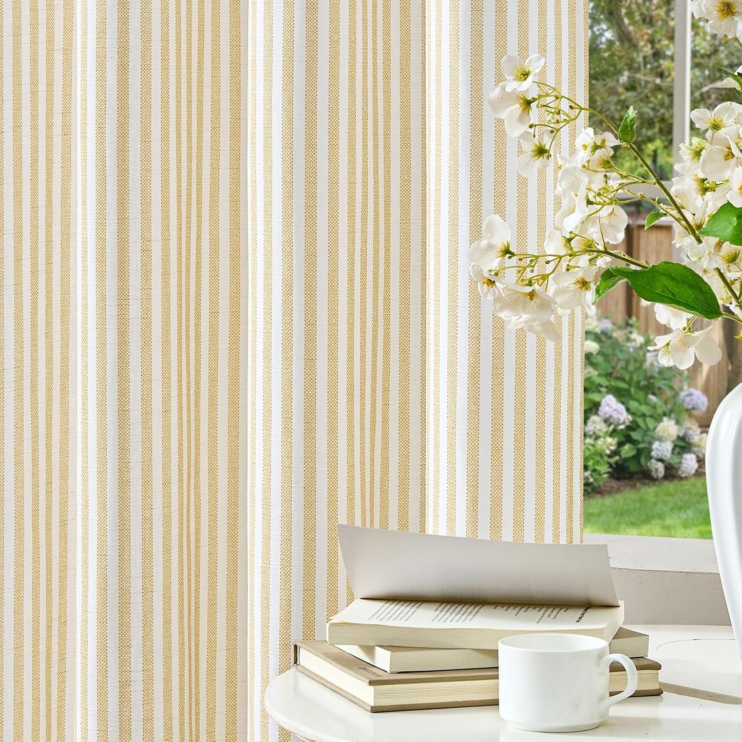 Vangao Linen Striped Curtains for Living Room Bedroom Farmhouse Tickingstripe Light Filtering Window Curtains Printed Drapes Grommet Top 2 Panels Mustard Yellow on Off White W50 x L84 Inch