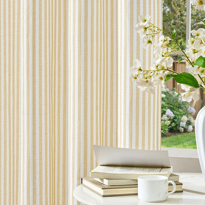 Vangao Linen Striped Curtains for Living Room Bedroom Farmhouse Tickingstripe Light Filtering Window Curtains Printed Drapes Grommet Top 2 Panels Mustard Yellow on Off White W50 x L84 Inch
