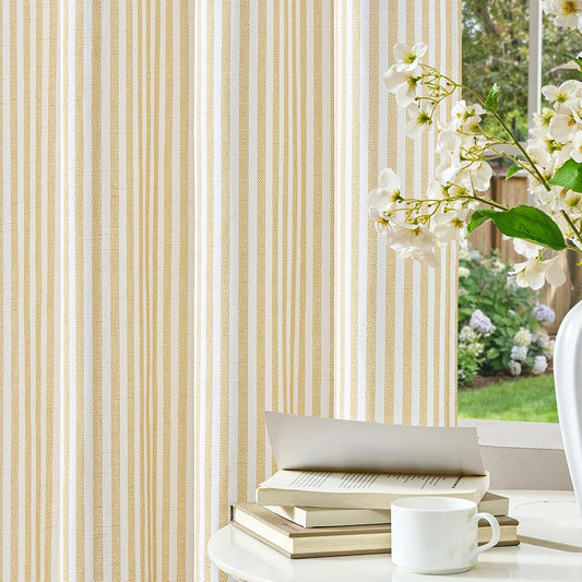 Vangao Linen Striped Curtains for Living Room Bedroom Farmhouse Tickingstripe Light Filtering Window Curtains Printed Drapes Grommet Top 2 Panels Mustard Yellow on Off White W50 x L84 Inch