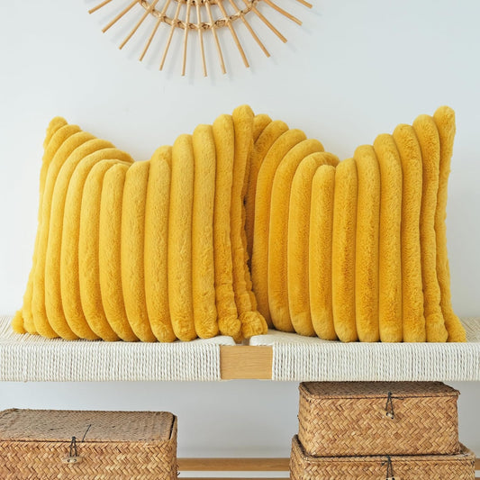 JOJUSIS Pack of 2 Faux Fur Plush Decorative Throw Pillow Covers Couch Cushion Case Soft Pillowcases (Mustard Yellow, 18 x 18-Inch)