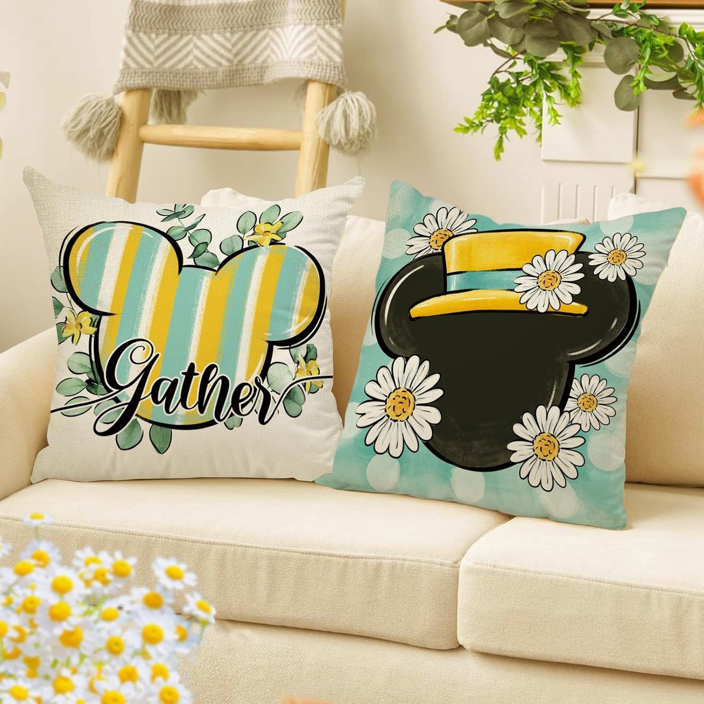 Spring Summer Decorative Throw Pillow Covers 16 x 16 Set of 4, Daisy Flower Eucalyptus Leaves Bloom Gather Cushion Case Decor, Teal Yellow Stripes Polka Dot Home Decoration