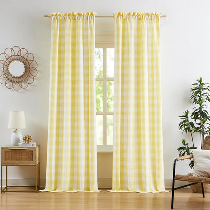 90 Inch Yellow White Buffalo Plaid Curtains,Rustic Plaid Semi Sheer Gingham Drapes,Farmhouse Window Treatment for Bedroom Living Room,Rod Pocket,Yellow/White,40" Wx90 L,2 Panels