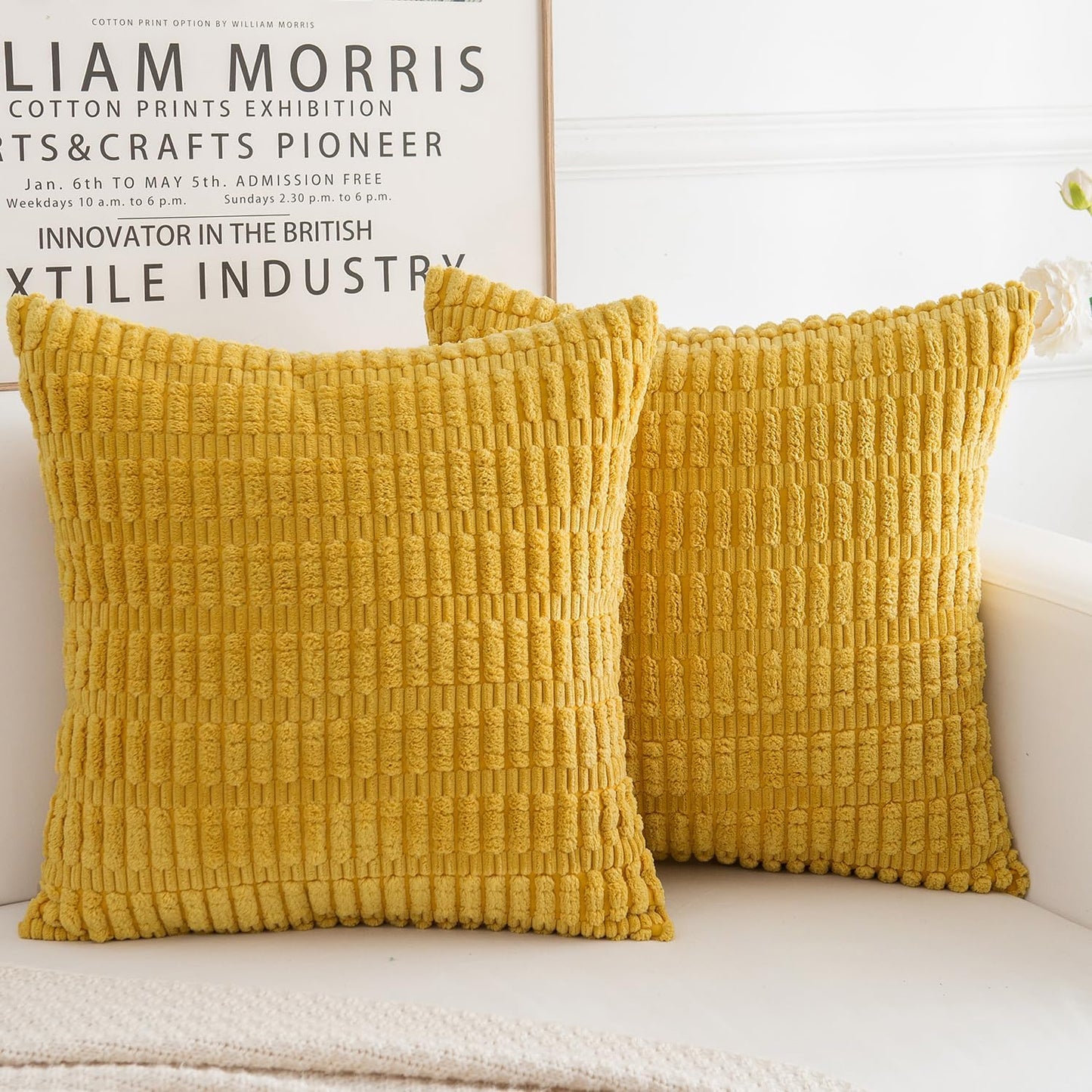 Corduroy Decorative Throw Pillow Covers, Boho Stripe Soft Square Cushion Case Home Decor for Living Room Couch Bed Sofa, Set of 2 Pack, Mustard Yellow, 26x26 Inch
