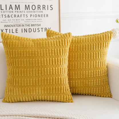 Corduroy Decorative Throw Pillow Covers, Boho Stripe Soft Square Cushion Case Home Decor for Living Room Couch Bed Sofa, Set of 2 Pack, Mustard Yellow, 26x26 Inch