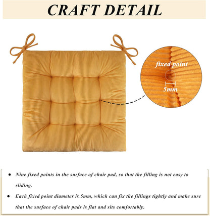 Set of 4 Chair Cushions for Dining Chairs 18" x 18" Corduroy Chair Seat Cushion for Office and Kitchen Chair Comfort Chair Cushion for Long Sitting (Yellow)