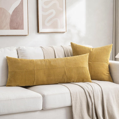 Fancy Homi 2 Packs Mustard Yellow Decorative Throw Pillow Covers 18x18 Inch for Living Room Couch Bed, Farmhouse Boho Home Decor, Soft Corss Corduroy Patchwork Textured Accent Cushion Case 45x45 cm