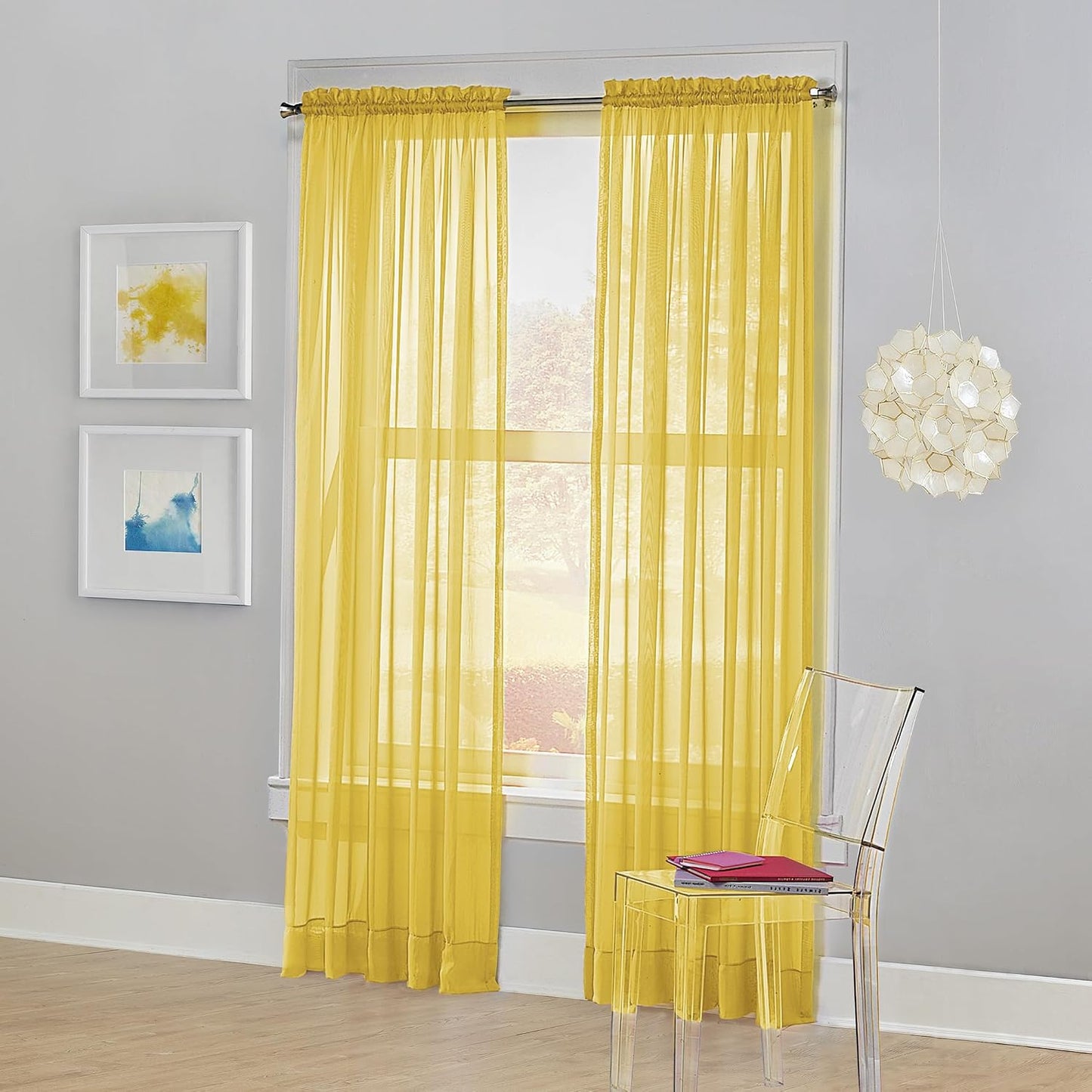 No. 918 Calypso Sheer Voile Rod Pocket Curtain Panel, 59" x 63", Lemon