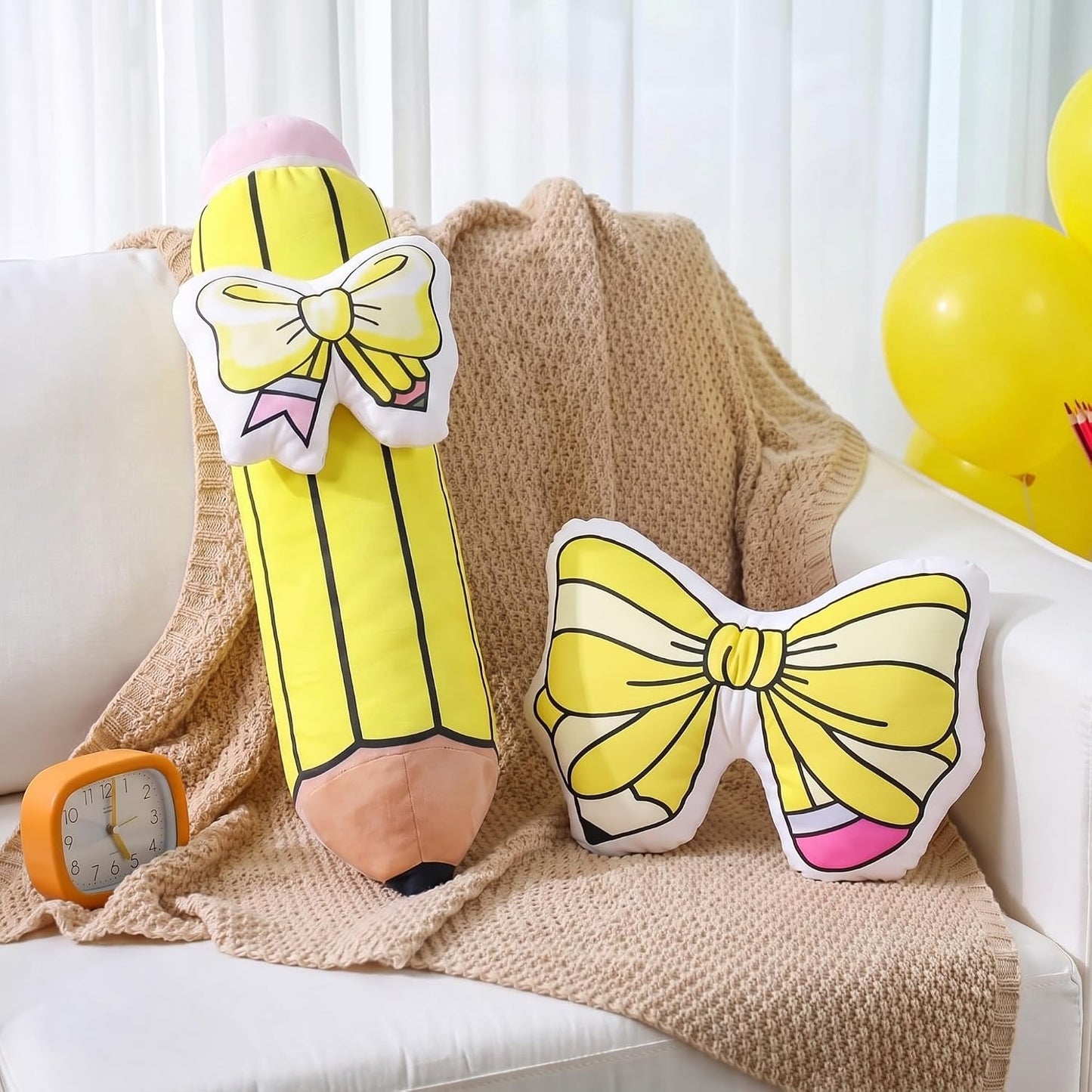 Peryiter 2 Pcs Cute Pencil Pillow Set 20 Inch Large Yellow Pencil Bow Throw Pillows Creative Plush Cushion for Reading Room Office Home Sofa Decoration Birthday Party Women Teacher Gift