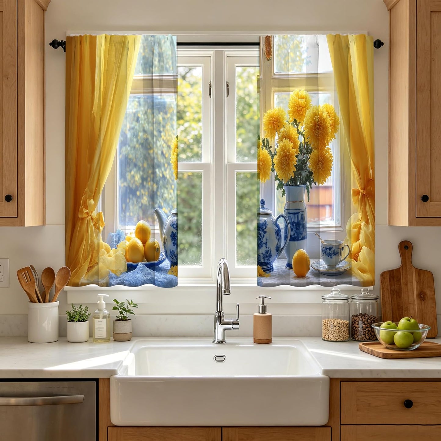 bassyil Yellow Flower Lemon Kitchen Curtains Cafe Curtains for Bathroom Dining Room Living Room Farmhouse Pocket Window Drapes 2 Panels Set Blackout Curtain 28"x36"