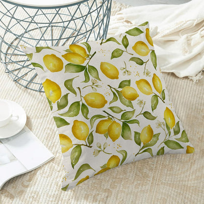 Summer Pillow Covers 18x18 Inch Set of 2 Yellow Lemon Floral Throw Pillows Outdoor Decorative Seasonal Spring Summer Yellow Green Leaves Floral Pillowcases Linen Cushion Covers for Sofa Couch