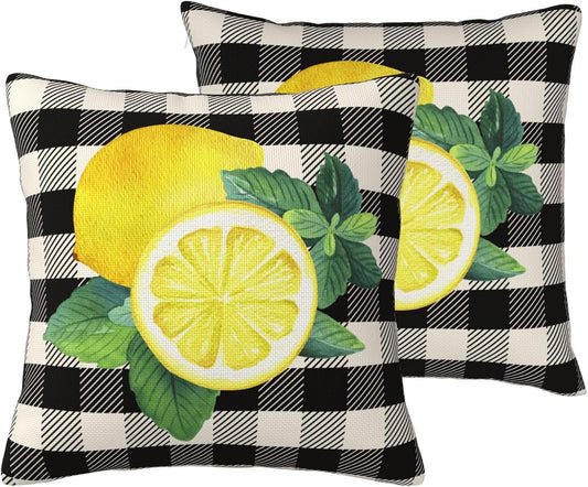 Lemons Buffalo Plaid Throw Pillow Covers Home Decor Watercolor Yellow Lemon Pillowcases Sets of 2 Vintage Country Cushion Covers Black Plaid Lemon Pillow Cases for Living Room Sofa 18x18