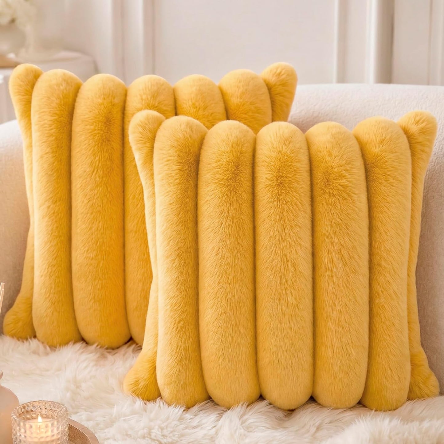 Faux Fur Throw Pillow Covers 20x20 Inch Yellow, Pack of 2 | Soft Stripe Quilted Plush Cushion Cases with Invisible Zipper for Couch Living Room Sofa Bedroom Decor & Farmhouse Aesthetic