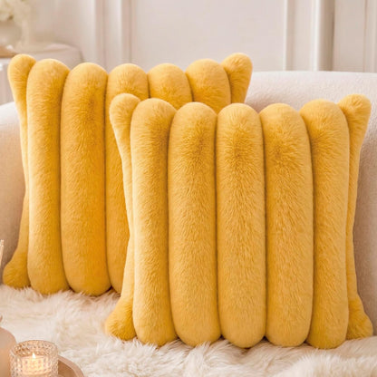 Faux Fur Throw Pillow Covers 20x20 Inch Yellow, Pack of 2 | Soft Stripe Quilted Plush Cushion Cases with Invisible Zipper for Couch Living Room Sofa Bedroom Decor & Farmhouse Aesthetic