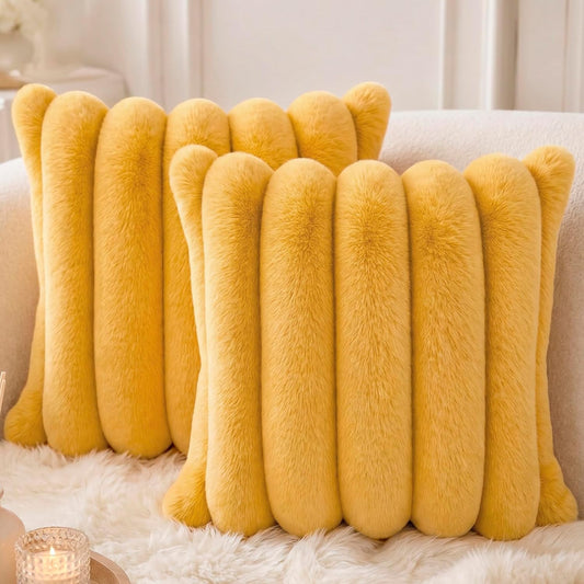 Faux Fur Throw Pillow Covers 20x20 Inch Yellow, Pack of 2 | Soft Stripe Quilted Plush Cushion Cases with Invisible Zipper for Couch Living Room Sofa Bedroom Decor & Farmhouse Aesthetic
