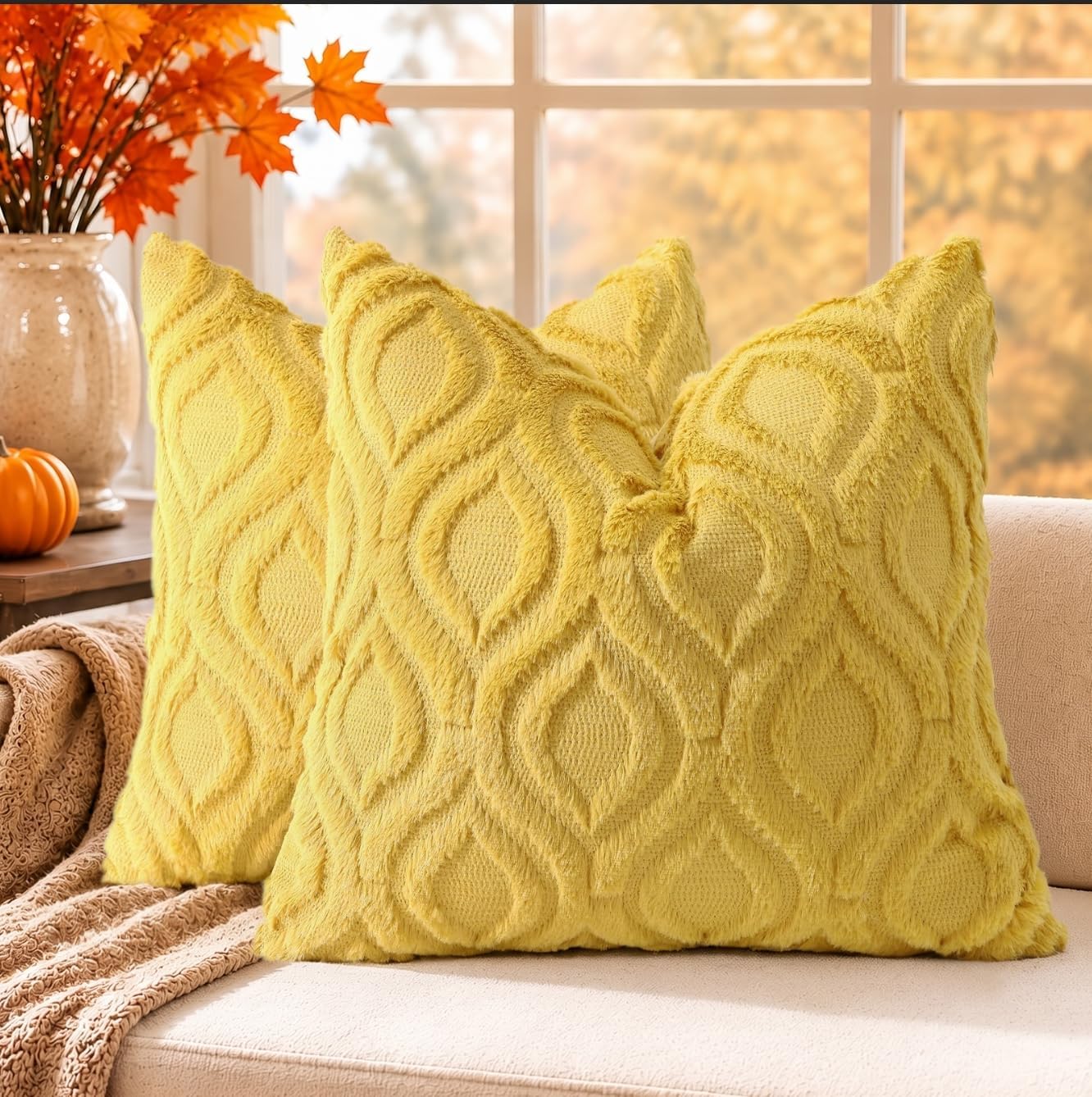decorUhome Fall Throw Pillow Covers 18x18 Inch Set of 2, Soft Plush Faux Wool Mustard Yellow Solid Couch Pillow Covers, Accent Farmhouse Neutral Square Pillow Cases for Sofa Bed Living Room