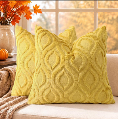 decorUhome Fall Throw Pillow Covers 18x18 Inch Set of 2, Soft Plush Faux Wool Mustard Yellow Solid Couch Pillow Covers, Accent Farmhouse Neutral Square Pillow Cases for Sofa Bed Living Room