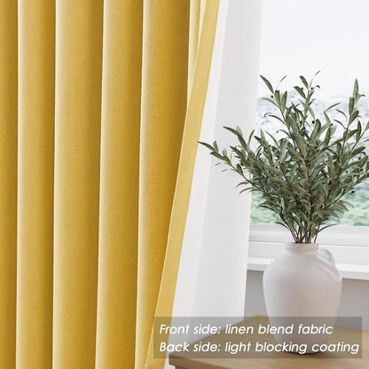 Nanspring Gold Yellow 100% Blackout Linen Curtains 84 Inch Length 2 Panels Set for Bedroom Back Tab Modern Farmhouse Decor Black Out Curtain for Living Room Office Thermal Insulated Drapes 52x84