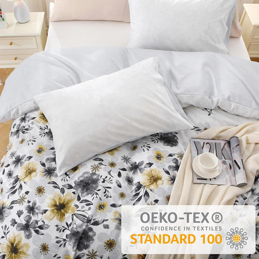 Duvet Cover King Size, Reversible Floral Vintage Duvet Cover Set with Zipper Closure, 3 Pieces Botanical Patterns Soft Microfiber Bedding Set (90"x104", 2 Pillow Cases 20"×36", Yellow Grey Flower)