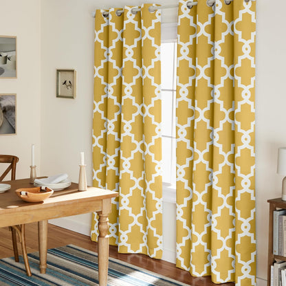 TOWN & COUNTRY EVERYDAY Ironwork Geo Trellis Sateen Indoor Curtains, Room Darkening Blackout, Grommet Top, Energy Efficient, 2-Pack Set, 52"x84", Sundress Yellow
