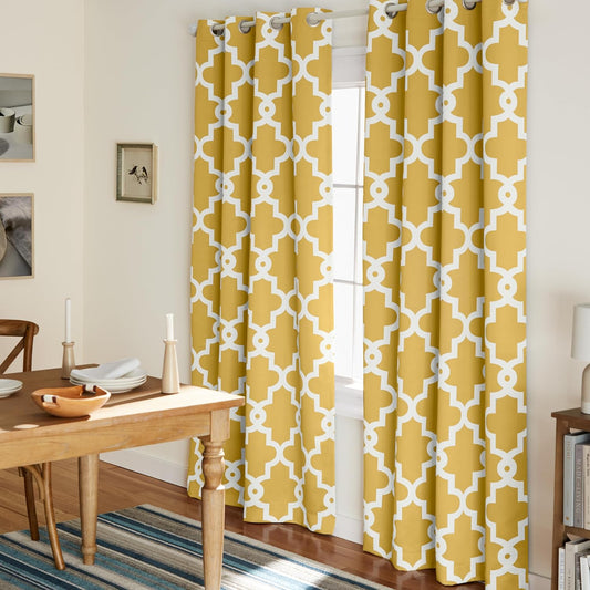 TOWN & COUNTRY EVERYDAY Ironwork Geo Trellis Sateen Indoor Curtains, Room Darkening Blackout, Grommet Top, Energy Efficient, 2-Pack Set, 52"x84", Sundress Yellow