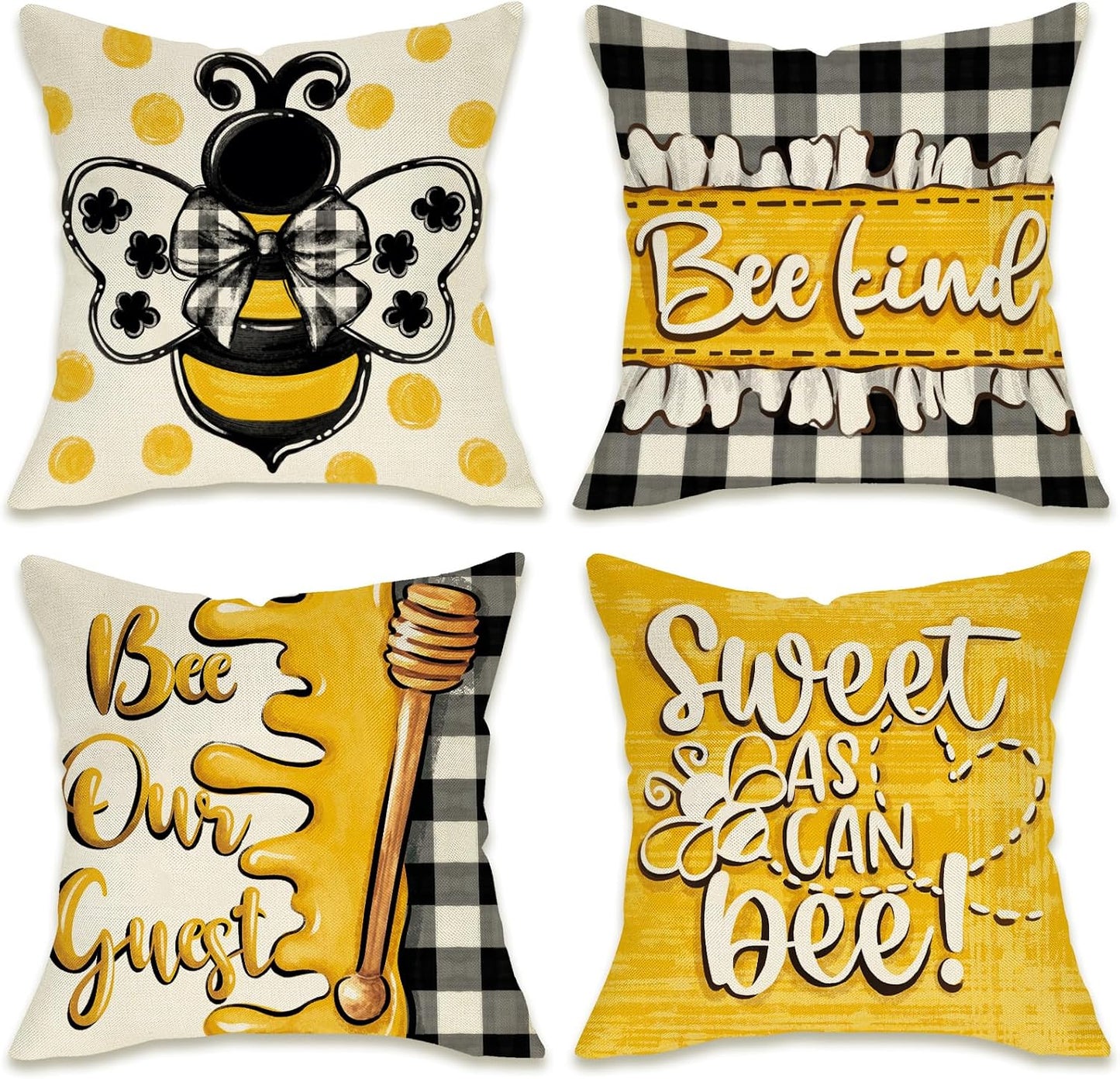 Spring Summer Honey Bee Kind Decorative Throw Pillow Covers 18 x 18 Set of 4, Yellow Bumble Bee Sweet As Can Bee Our Guest Outdoor Pillowcase, Buffalo Plaid Farmhouse Cushion Case Home Decor