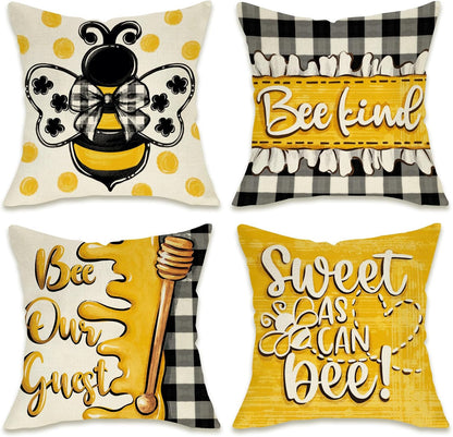 Spring Summer Honey Bee Kind Decorative Throw Pillow Covers 18 x 18 Set of 4, Yellow Bumble Bee Sweet As Can Bee Our Guest Outdoor Pillowcase, Buffalo Plaid Farmhouse Cushion Case Home Decor
