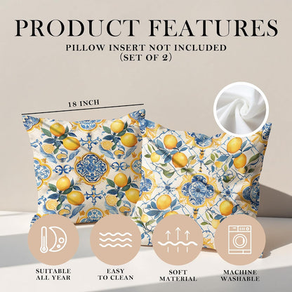Blue and Yellow Mediterranean Lemon Throw Pillow Covers 18x18 Set of 2,Lemons Gifts for Women,Blue Summer Lemon Pillowcase for Girls Room Dorm Apartment, Italy Majolica Tiles Lemons Decor