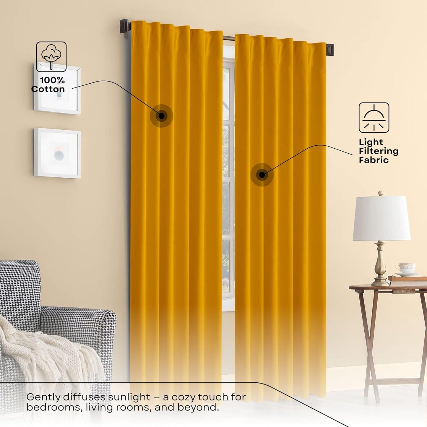 Mustard Yellow Solid Panel Curtains, 84 Inches Long, Set of 2, 100% Cotton, Light Filtering for Privacy, Warm Farmhouse Ambiance, Great for Bedroom, Living Room, 54" W x 84" L