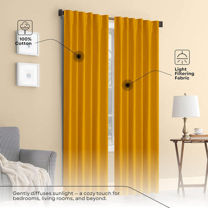 Mustard Yellow Solid Panel Curtains, 84 Inches Long, Set of 2, 100% Cotton, Light Filtering for Privacy, Warm Farmhouse Ambiance, Great for Bedroom, Living Room, 54" W x 84" L