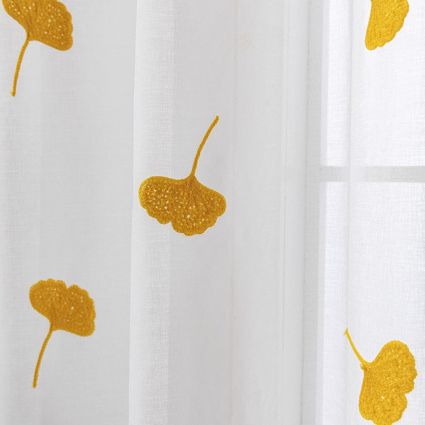 Yellow Sheer Curtains 84 Inches Long Embroidered Leaf Patterned Linen Look Floral Semi Sheer Curtain for Kids Bedroom Living Room Grommet Voile Drapes 2 Panels