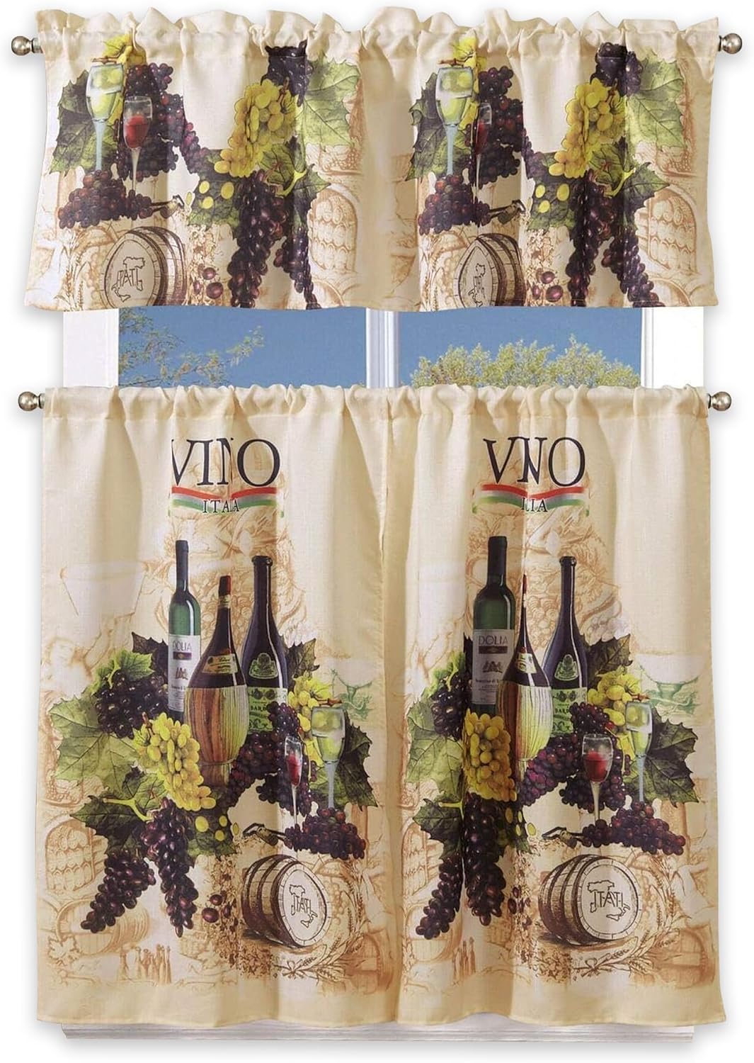 Sapphire Home Kitchen Curtain Linen 3 Piece Set - 2 Tiers + 1 Tailored Valance, Sunflower Design Linen Stylish Window Curtains for Your Kitchen Décor, KC Sunflower White Green Yellow