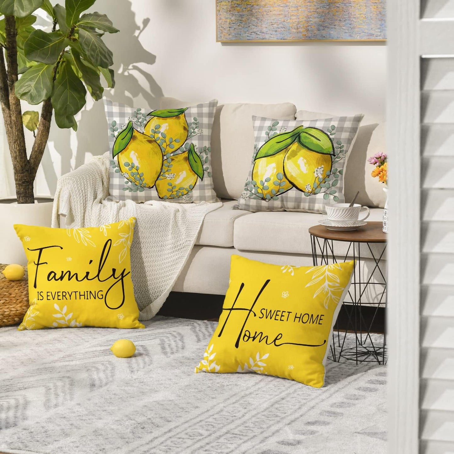 AVOIN colorlife Summer Lemon Buffalo Plaid Throw Pillow Covers, 18 x 18 Inch Home Sweet Home Family is Everything Cushion Case for Sofa Couch Set of 4