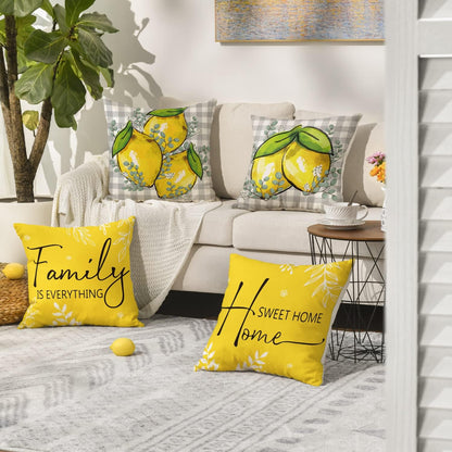 AVOIN colorlife Summer Lemon Buffalo Plaid Throw Pillow Covers, 18 x 18 Inch Home Sweet Home Family is Everything Cushion Case for Sofa Couch Set of 4