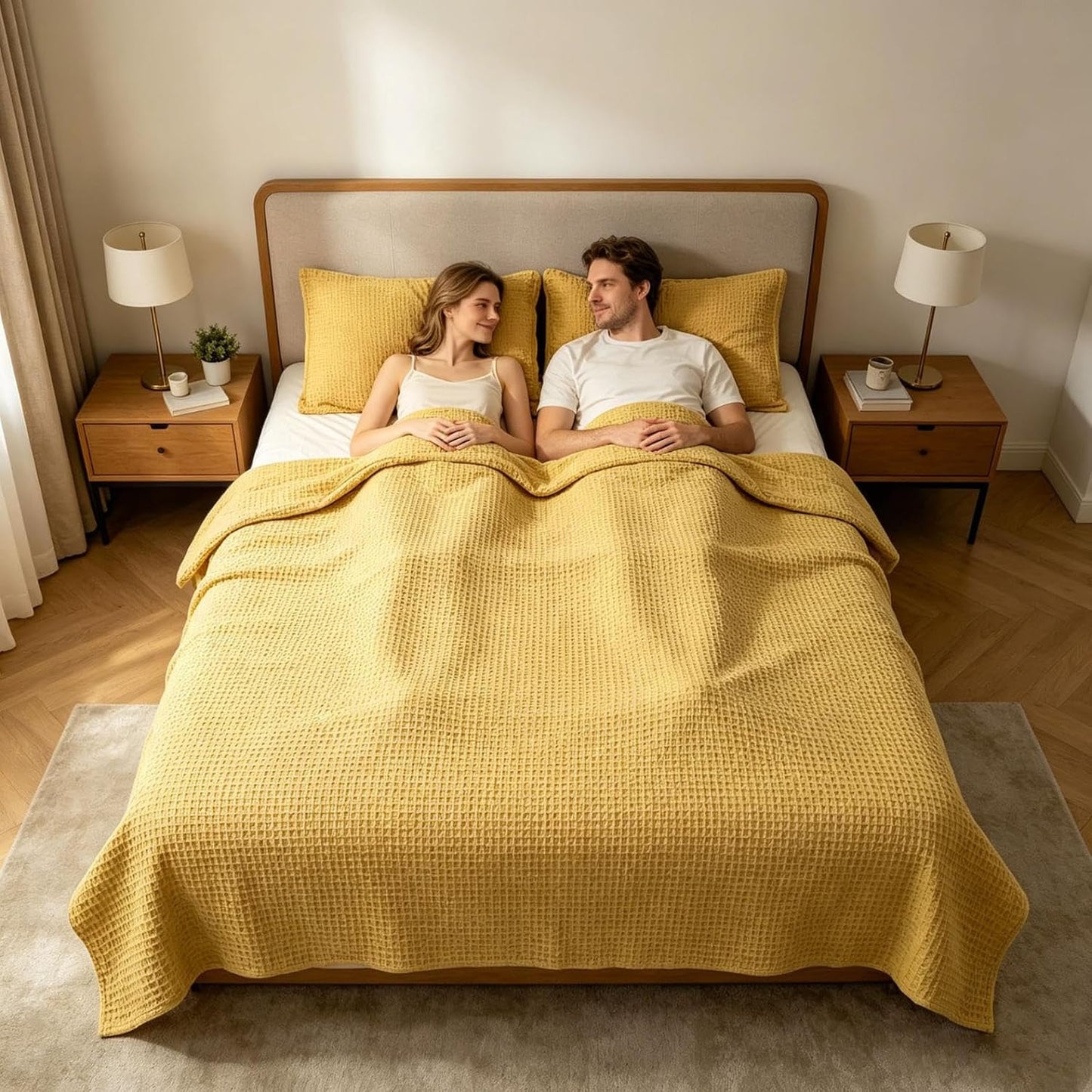 100% Cotton Blanket, Cooling Breathable and Soft for Summer, Breathable Waffle Blanket, Thick Cozy Waffle Weave Gifts, All Season (Yellow, S)