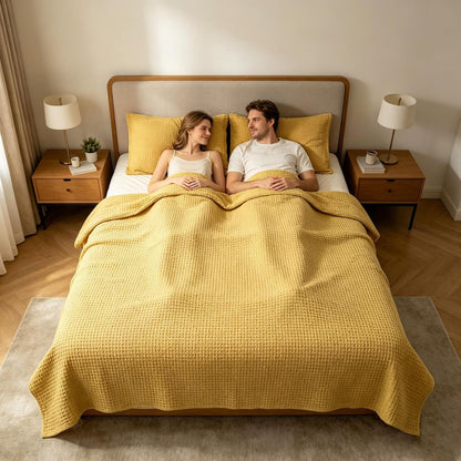 100% Cotton Blanket, Cooling Breathable and Soft for Summer, Breathable Waffle Blanket, Thick Cozy Waffle Weave Gifts, All Season (Yellow, S)