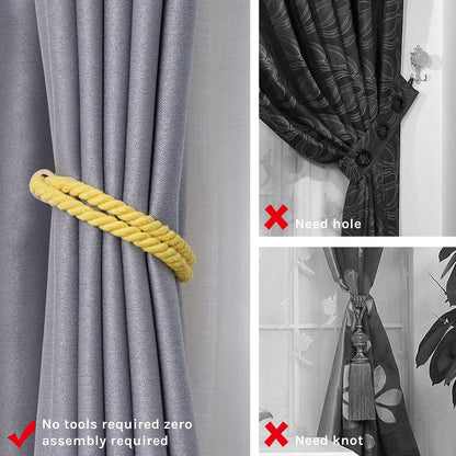 NICEEC 2 Pack Wooden Magnetic Curtain Tiebacks Boho Decoration Drape Tie Backs Natural Cotton Handmade Double Rope Curtain Holdbacks for Thin & Thick Home & Office Window Drapery (New Yellow)