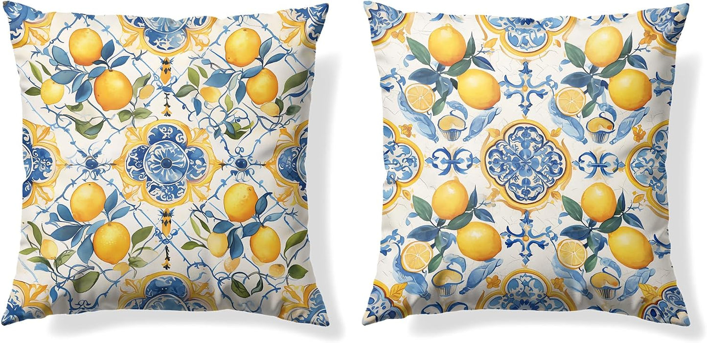 Blue and Yellow Mediterranean Lemon Throw Pillow Covers 18x18 Set of 2,Lemons Gifts for Women,Blue Summer Lemon Pillowcase for Girls Room Dorm Apartment, Italy Majolica Tiles Lemons Decor