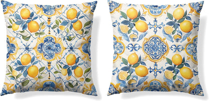 Blue and Yellow Mediterranean Lemon Throw Pillow Covers 18x18 Set of 2,Lemons Gifts for Women,Blue Summer Lemon Pillowcase for Girls Room Dorm Apartment, Italy Majolica Tiles Lemons Decor