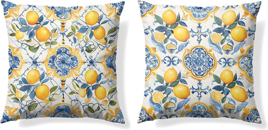 Blue and Yellow Mediterranean Lemon Throw Pillow Covers 18x18 Set of 2,Lemons Gifts for Women,Blue Summer Lemon Pillowcase for Girls Room Dorm Apartment, Italy Majolica Tiles Lemons Decor