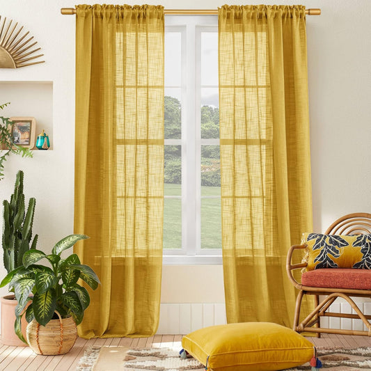 SHINELAND Mustard Yellow Sheer Curtains 84 Inches Long for Spring Living Room,Vintage Semi Light Filtering Linen Textured Boho Curtains 2 Panels Set for Bedroom 7FT Length
