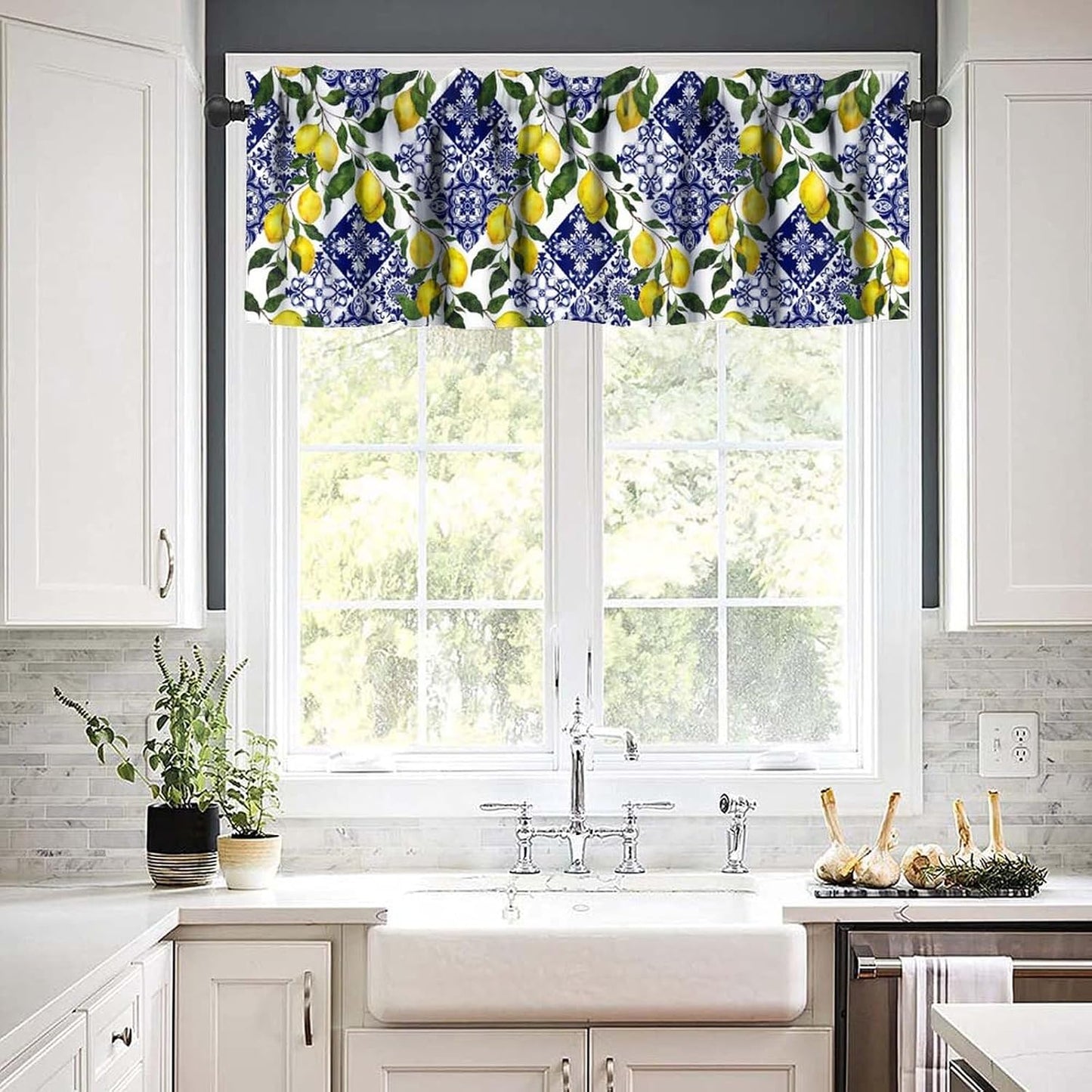 Blue Tiles Lemon Valance Curtain Summer Fruit Chic Rod Pocket Valance Window Treatments Short Curtains for Kitchen Farmhouse Living Room Bathroom Decor 54x18inch
