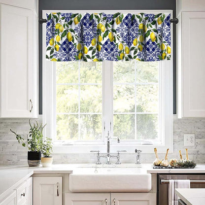 Blue Tiles Lemon Valance Curtain Summer Fruit Chic Rod Pocket Valance Window Treatments Short Curtains for Kitchen Farmhouse Living Room Bathroom Decor 54x18inch