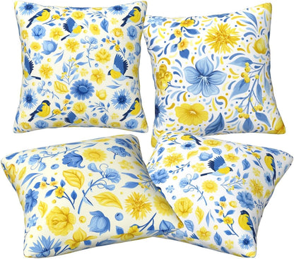 Blue and Yellow Floral Bird Pillow Covers 18x18 Inch Set of 4 Decorative Throw Pillows Abstract Pillowcases for Cushion Cover Sofa Bed Couch Living Room Home Decor
