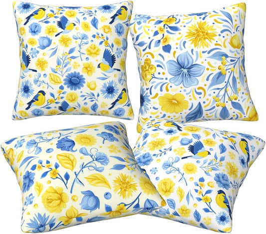 Blue and Yellow Floral Bird Pillow Covers 18x18 Inch Set of 4 Decorative Throw Pillows Abstract Pillowcases for Cushion Cover Sofa Bed Couch Living Room Home Decor