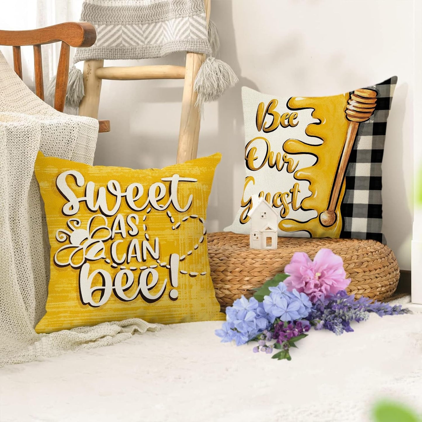 Spring Summer Honey Bee Kind Decorative Throw Pillow Covers 18 x 18 Set of 4, Yellow Bumble Bee Sweet As Can Bee Our Guest Outdoor Pillowcase, Buffalo Plaid Farmhouse Cushion Case Home Decor
