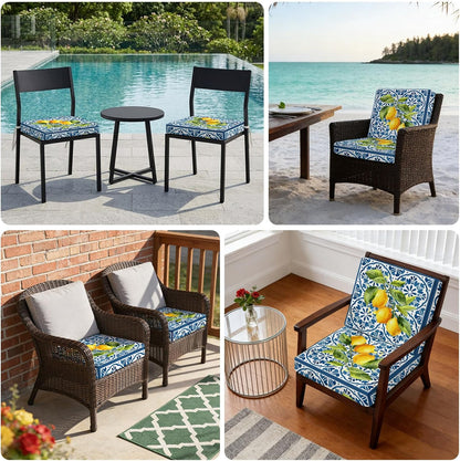 Yellow Lemon Indoor/Outdoor Seat Cushions Cover, Summer Country Fruits Italian Style Blue Waterproof Patio Chaise Lounge Cushion Cover for Beach Pool Side Chair Cushions 20''x18''x2pcs