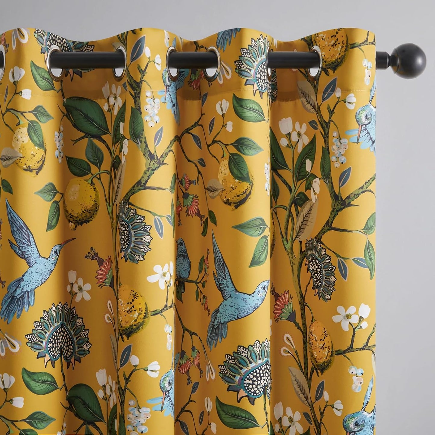 Topfinel Mustard Yellow Blackout Valances Curtains 18 Inches Long Farmhouse Leaf Hummingbird Lemon Tree Printed Grommet Toppers for Kitchen Bathroom, Thermal Insulated Grommet Short Window Set of 2